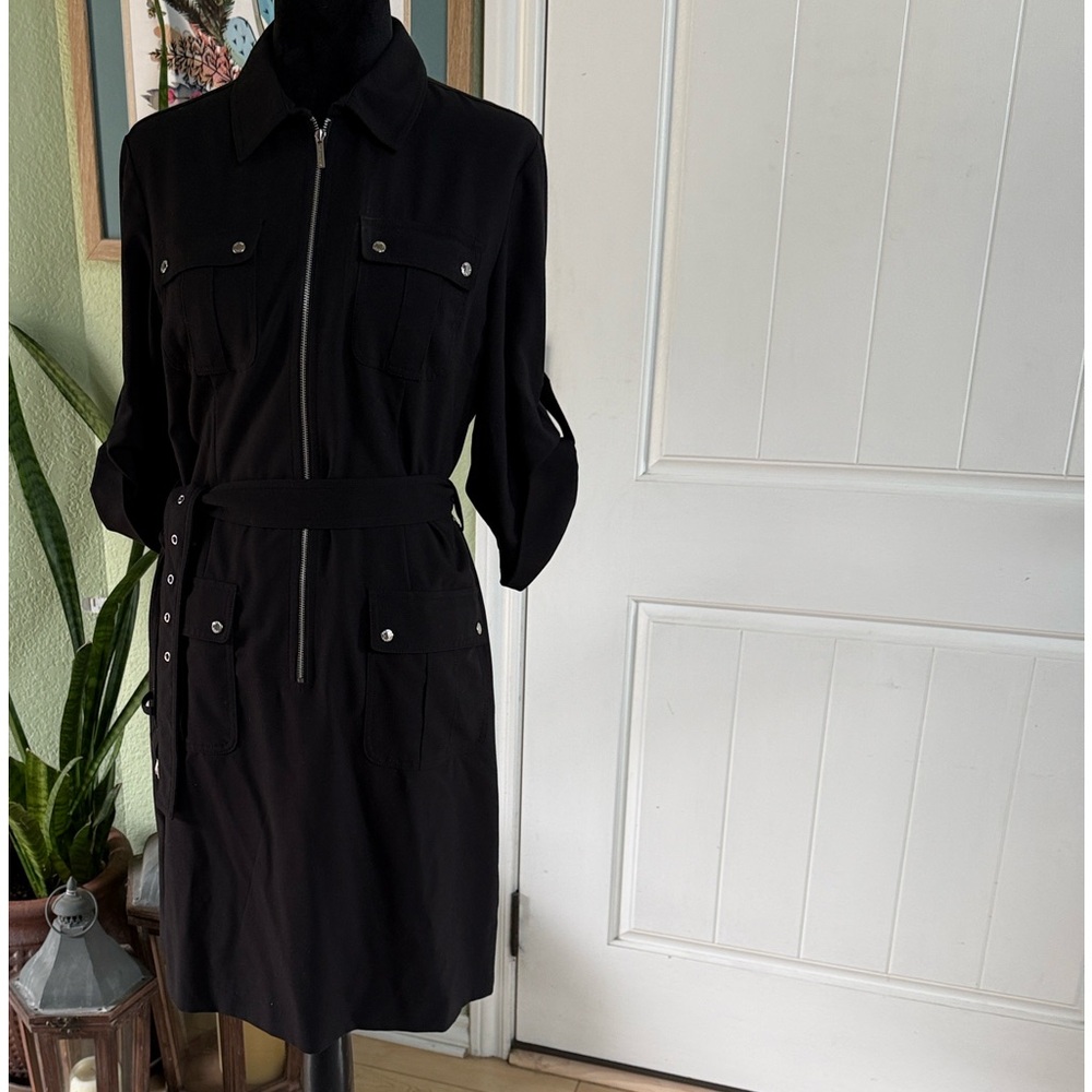 Michael Kors Black Zip Front Shirt Dress with Utility Pockets